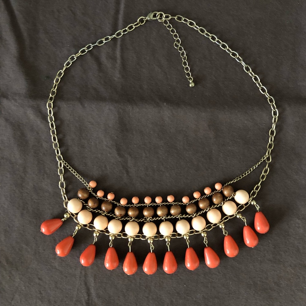 Coral, Peach & Wood Beaded Necklace